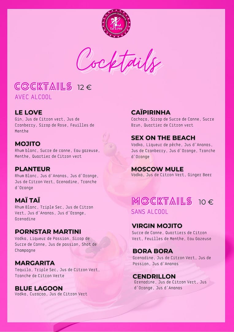 Carte Cocktails Lelove